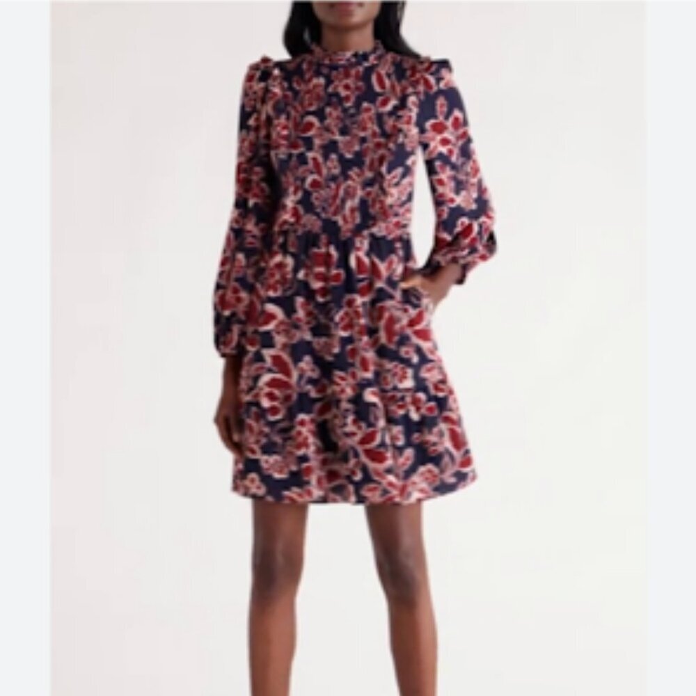 Eliza J. Smocked Bodice Long Sleeve Ruffled Floral Crepe Dress NEW NWT 8
